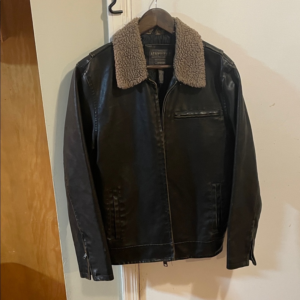 Aeropostale Black Bomber Jacket with Shearling Collar